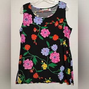 Floral Sleeveless Women's Top Black Base SUSAN GRAVER L 96%Polyester 4%Spandex
